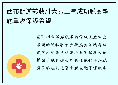 西布朗逆转获胜大振士气成功脱离垫底重燃保级希望