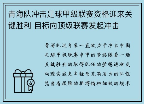 青海队冲击足球甲级联赛资格迎来关键胜利 目标向顶级联赛发起冲击