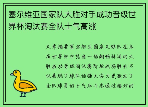 塞尔维亚国家队大胜对手成功晋级世界杯淘汰赛全队士气高涨