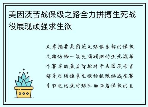 美因茨苦战保级之路全力拼搏生死战役展现顽强求生欲