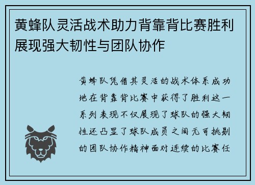 黄蜂队灵活战术助力背靠背比赛胜利展现强大韧性与团队协作
