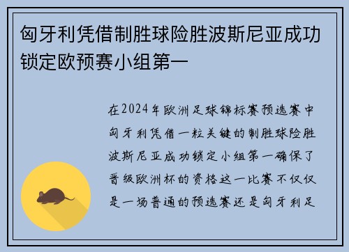 匈牙利凭借制胜球险胜波斯尼亚成功锁定欧预赛小组第一