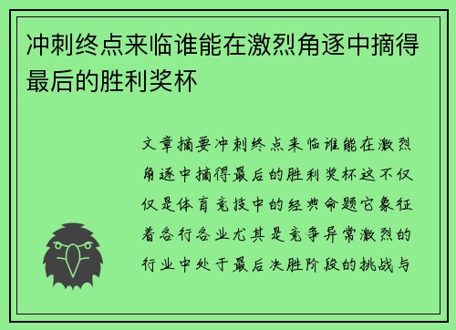 冲刺终点来临谁能在激烈角逐中摘得最后的胜利奖杯